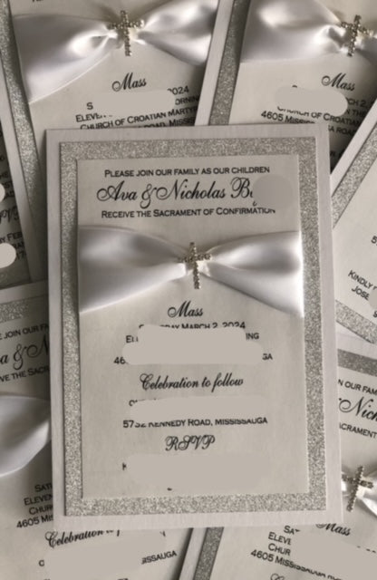 Sacrament Invitation-WHITE & SILVER WITH CROSS CHARM