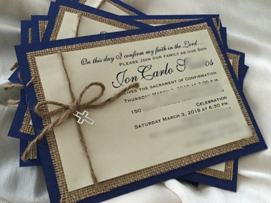 Sacrament Invitation- BLUE & RUSTIC WITH CROSS CHARM