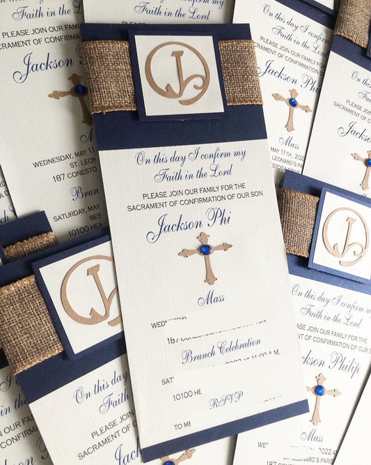 Sacrament Monogram Invitation- BLUE & RUSTIC