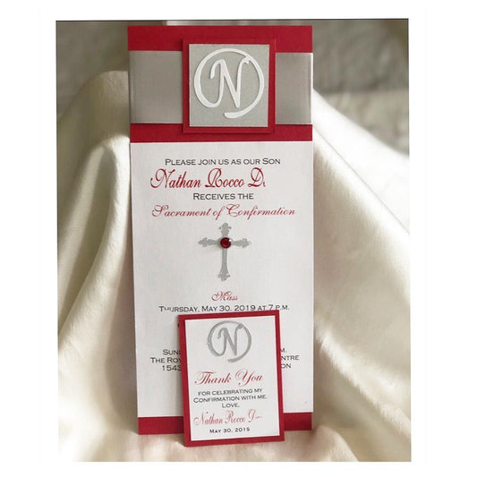 Sacrament Monogram Invitation- RED & WHITE