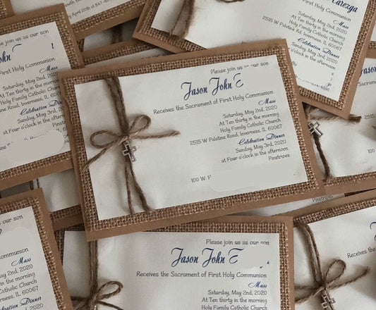 Sacrament Invitation- KRAFT RUSTIC WITH CROSS CHARM