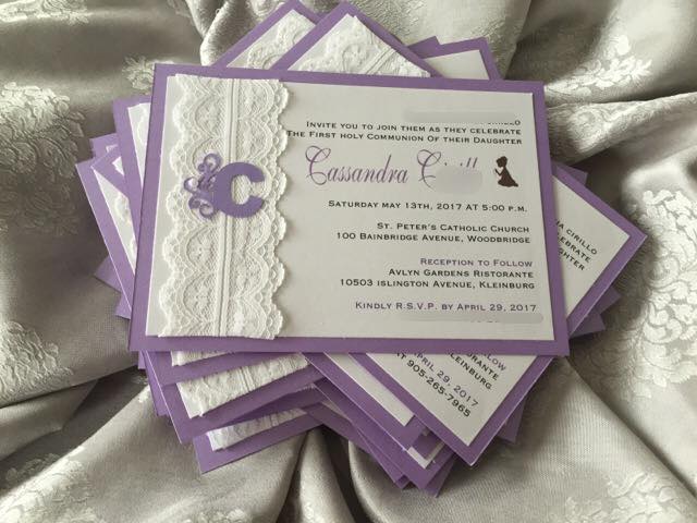 Sacrament Invitation- MONOGRAM PURPLE & WHITE