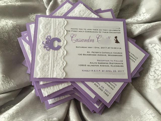 Sacrament Invitation- MONOGRAM PURPLE & WHITE