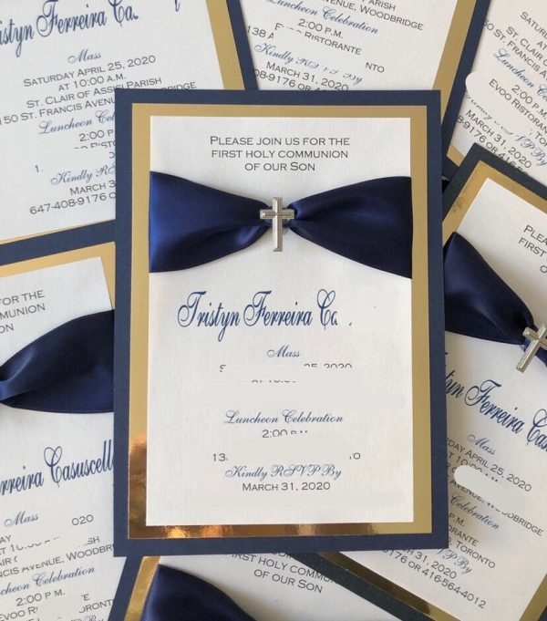 Sacrament Invitation-BLUE & GOLD WITH CROSS CHARM