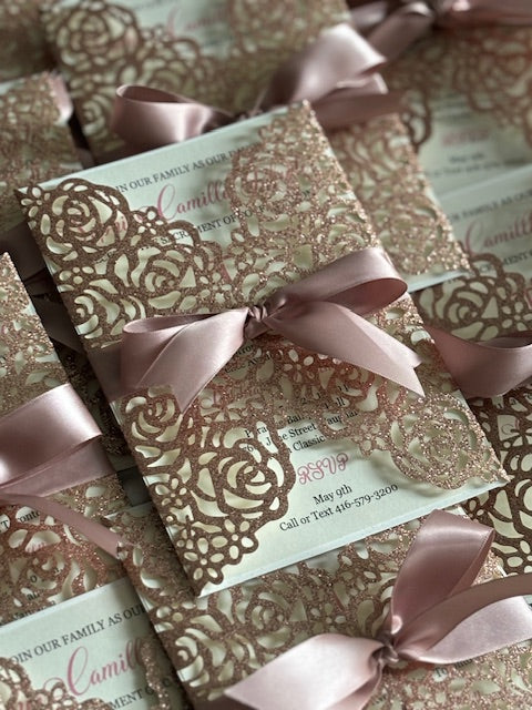 Sacrament/Bridal Invitation-GLITTER FLOWER JACKET ROSE GOLD