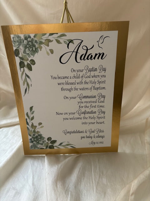 Confirmation Blessing Sign -WHITE & GOLD WITH GREENERY