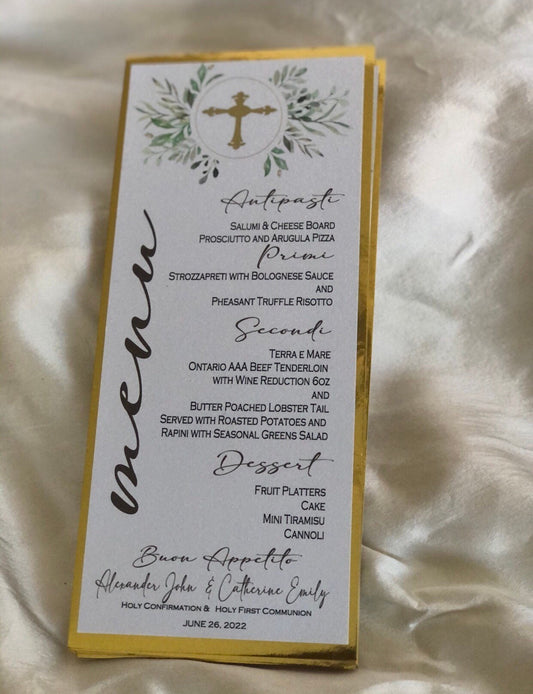Menu -Greenery and Gold Cross Accent