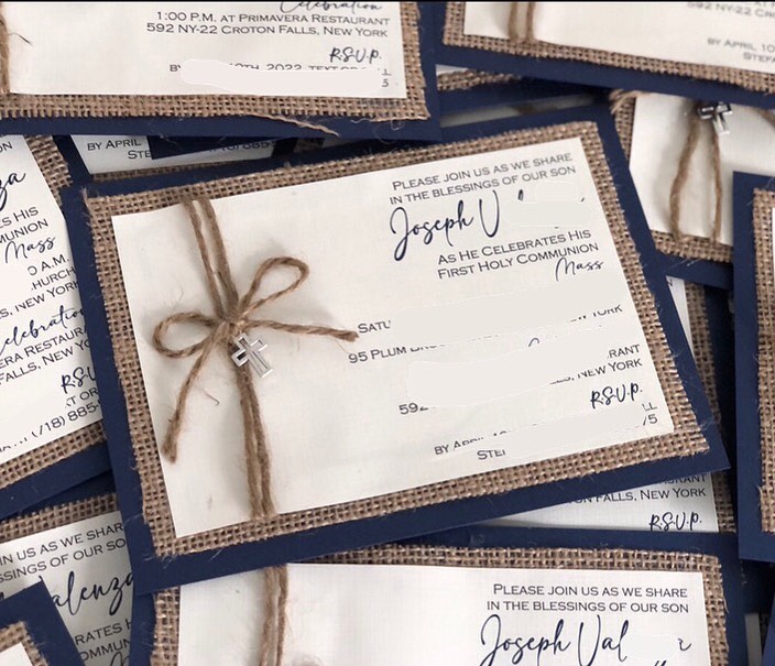 Sacrament Invitation- BLUE & RUSTIC WITH CROSS CHARM