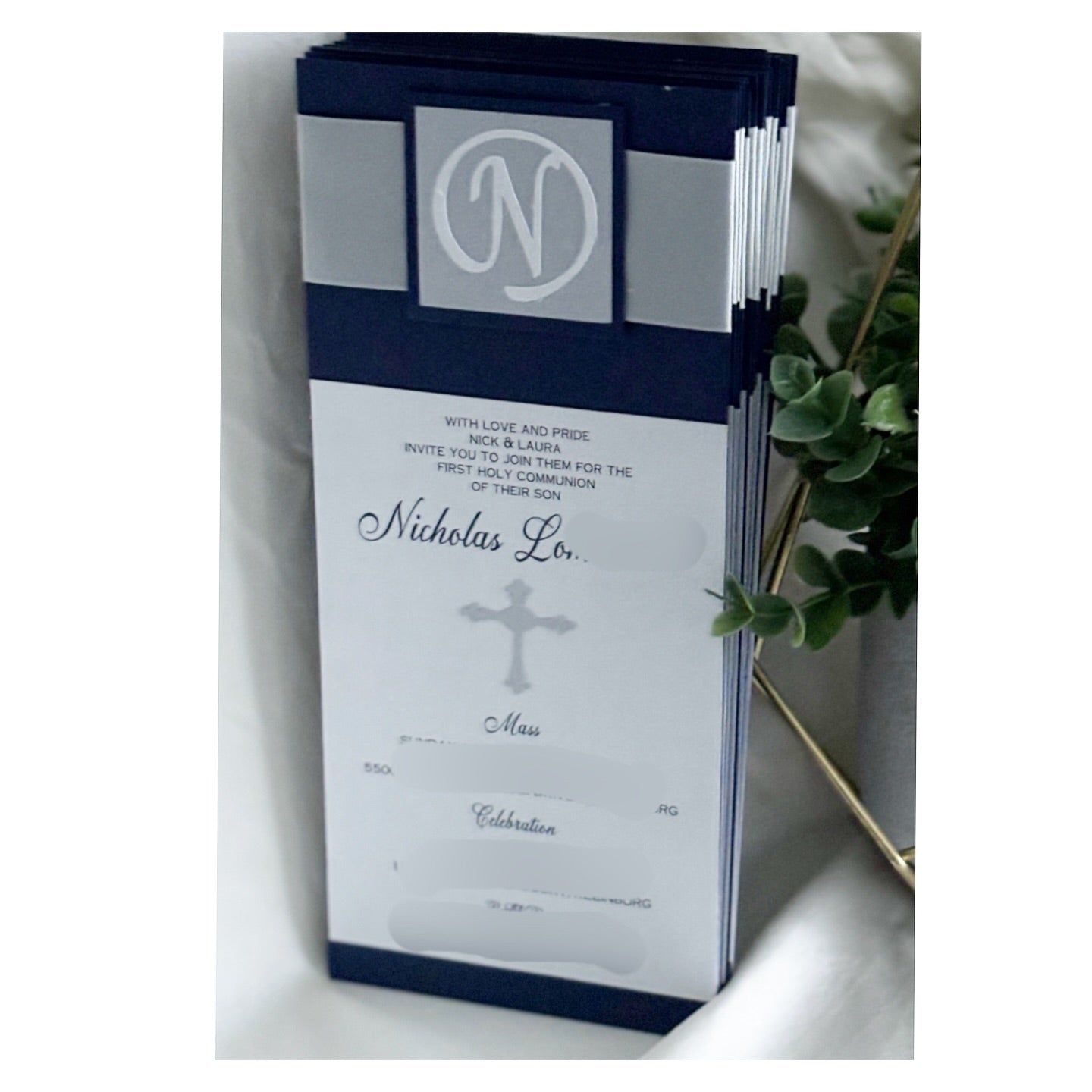 Sacrament Monogram Invitation- Blue & White