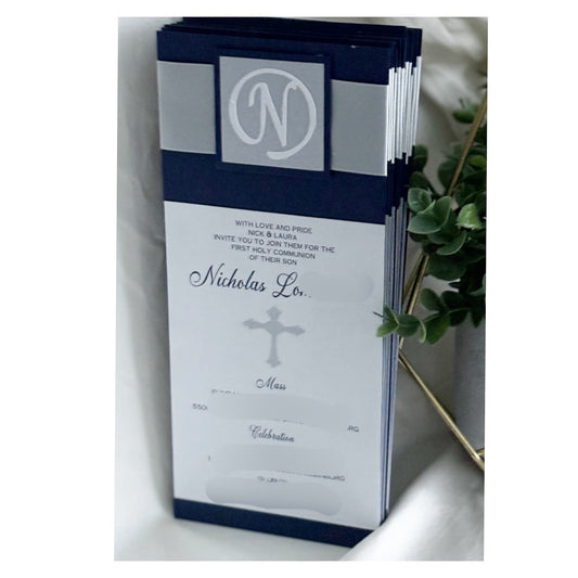 Sacrament Monogram Invitation- Blue & White