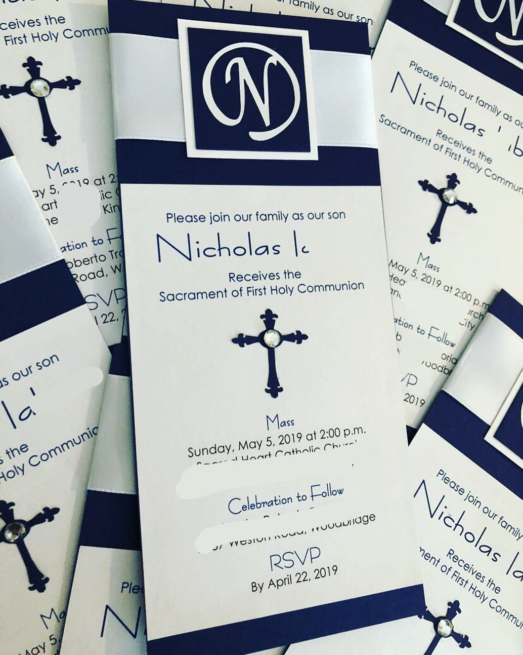 Sacrament Monogram Invitation- Blue & White