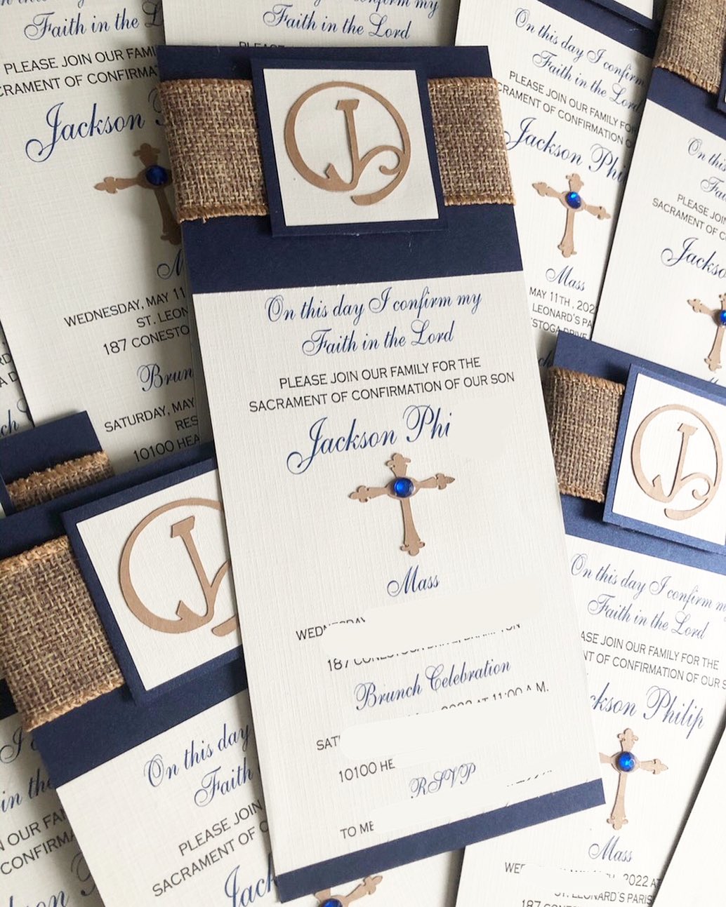 Sacrament Monogram Invitation- BLUE & RUSTIC