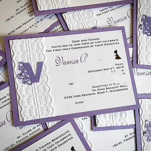 Sacrament Invitation- MONOGRAM PURPLE & WHITE